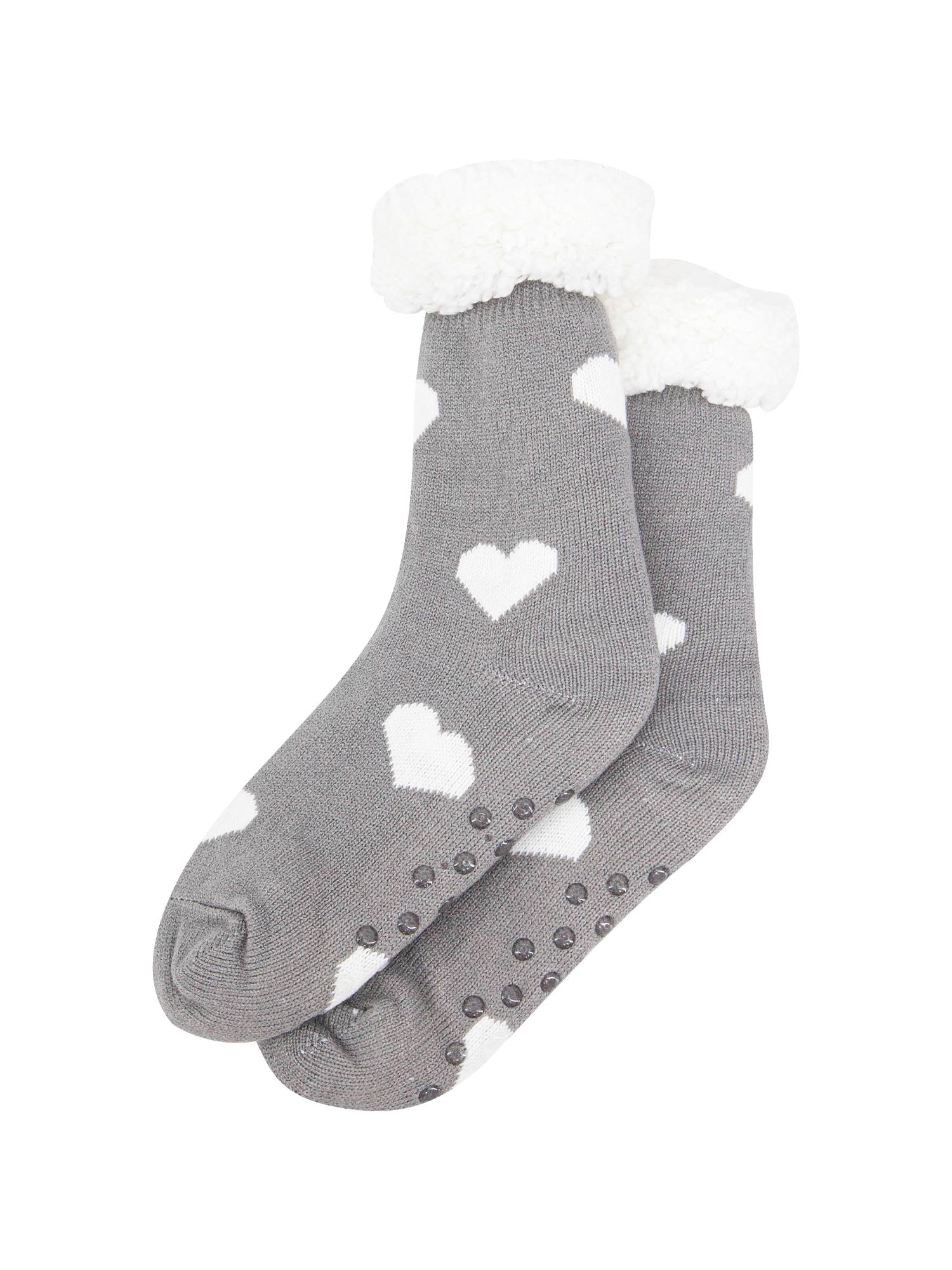womens-long-slipper-socks-grey-heart-laying-flat-grip-soles
