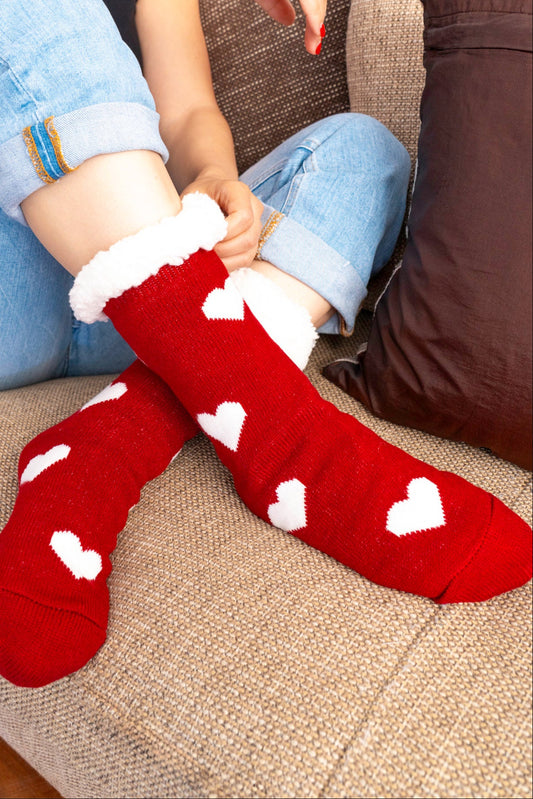 Women's Long Slipper Socks- Red, Heart