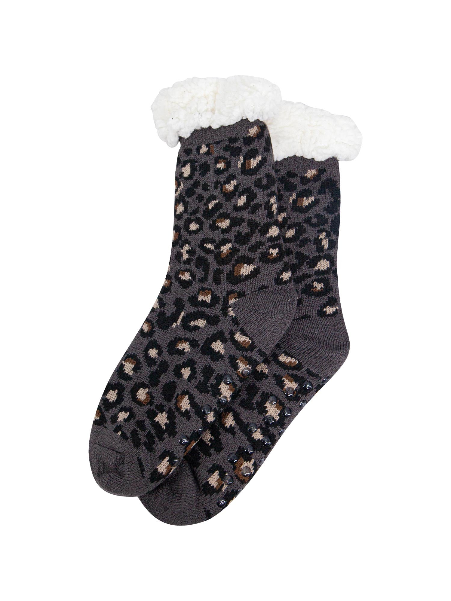womens-long-slipper-socks-dark-grey-leopard-laying-flat-grip-soles