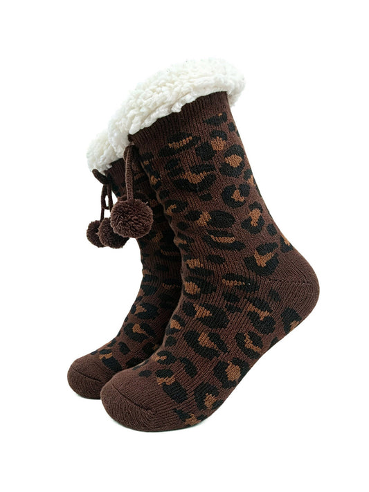 Leopard-Print-Long-Slipper-Socks-in-Brown-On-Mannequin