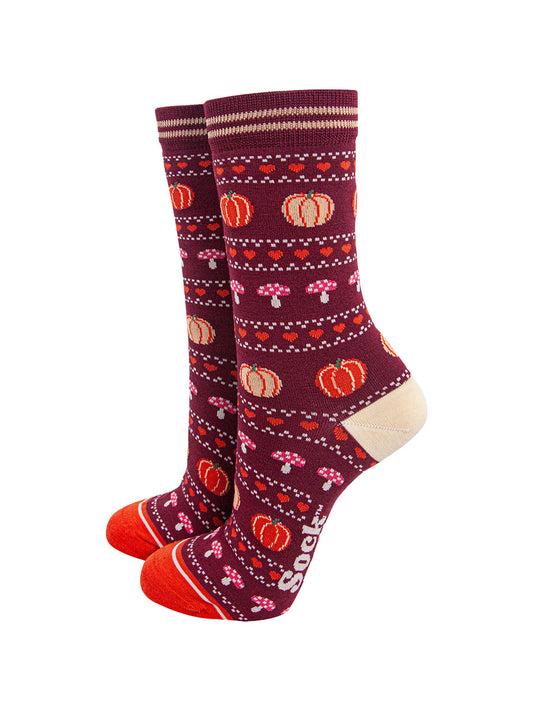 womens-bamboo-socks-berry-orange-pumpkin-and-toadstool-halloween