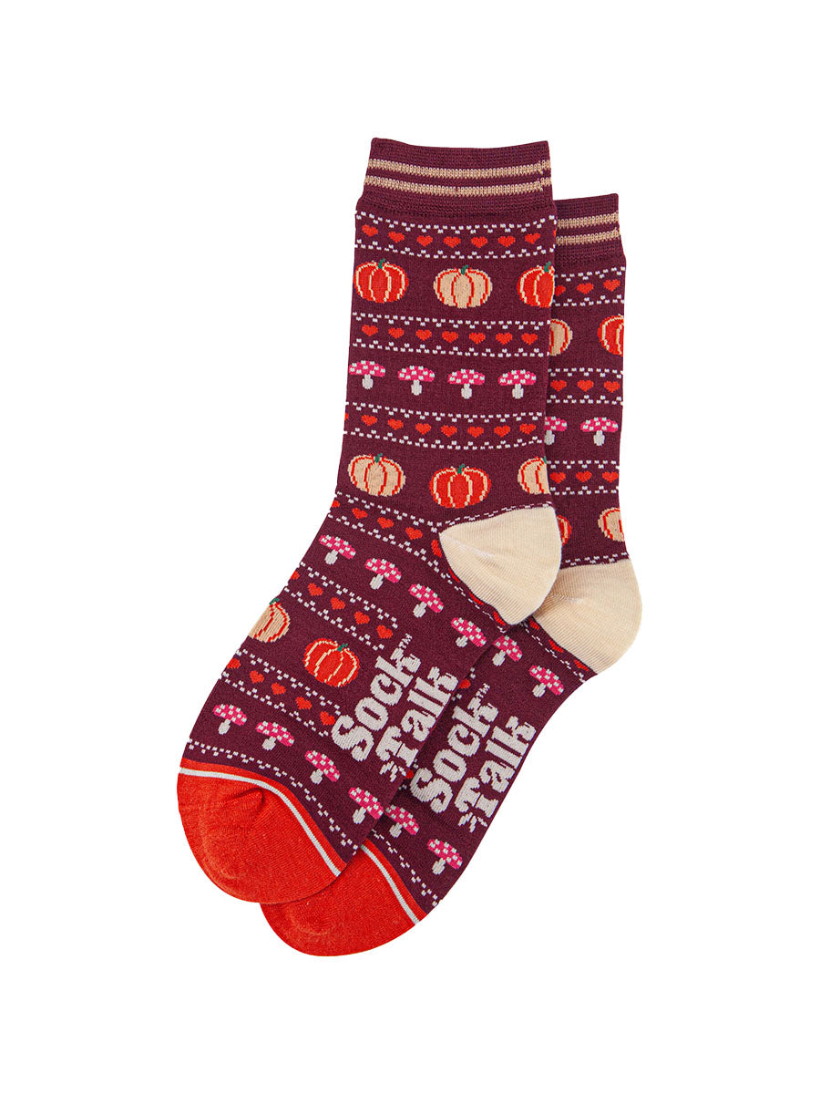 womens-bamboo-socks-berry-orange-pumpkin-and-toadstool-laying-flat