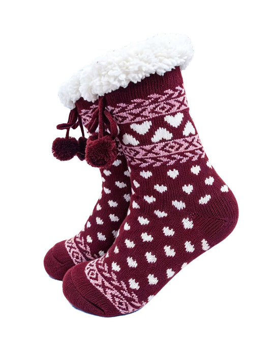 Heart-Long-Slipper-Socks-in-Burgundy-On-Mannequin