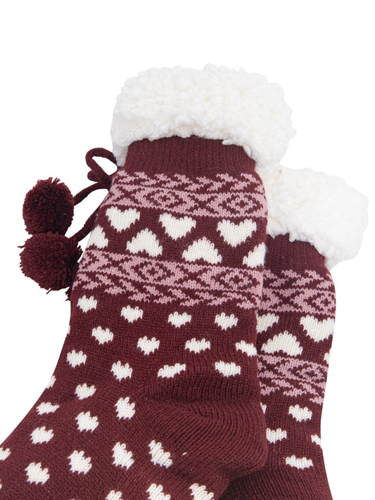 Heart-Long-Slipper-Socks-in-Burgundy-Close-Up