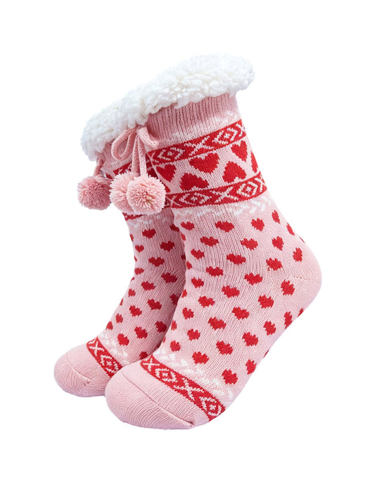 Heart-Long-Slipper-Socks-in-Soft-Pink/Red-On-Mannequin