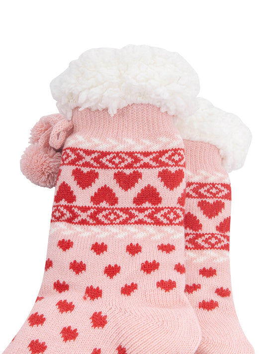 Heart-Long-Slipper-Socks-in-Soft-Pink/Red-Close-Up