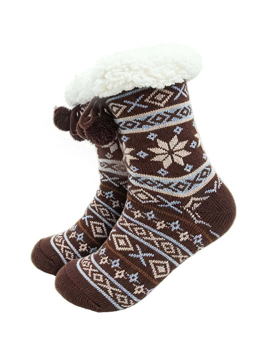 Nordic-Snowflake-Long-Slipper-Socks-in-Brown-On-Mannequin