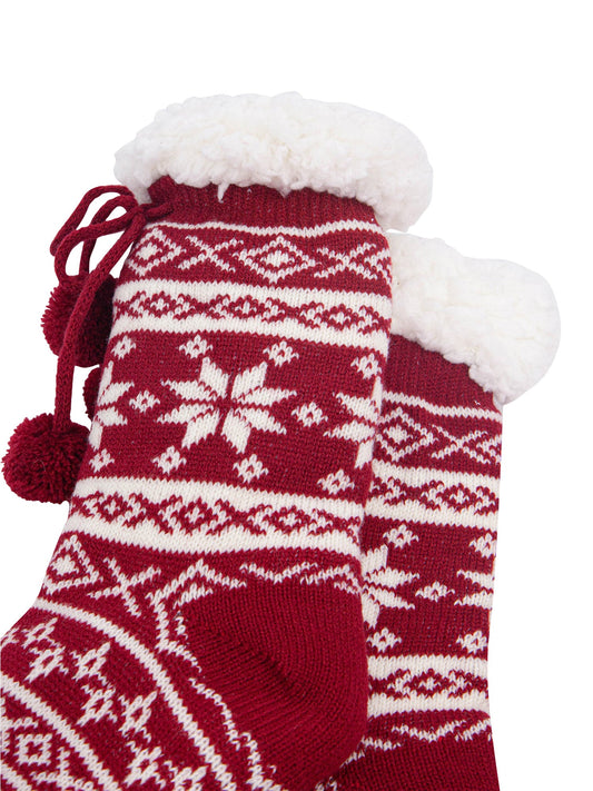 Nordic-Snowflake-Long-Slipper-Socks-in-Red-Close-Up