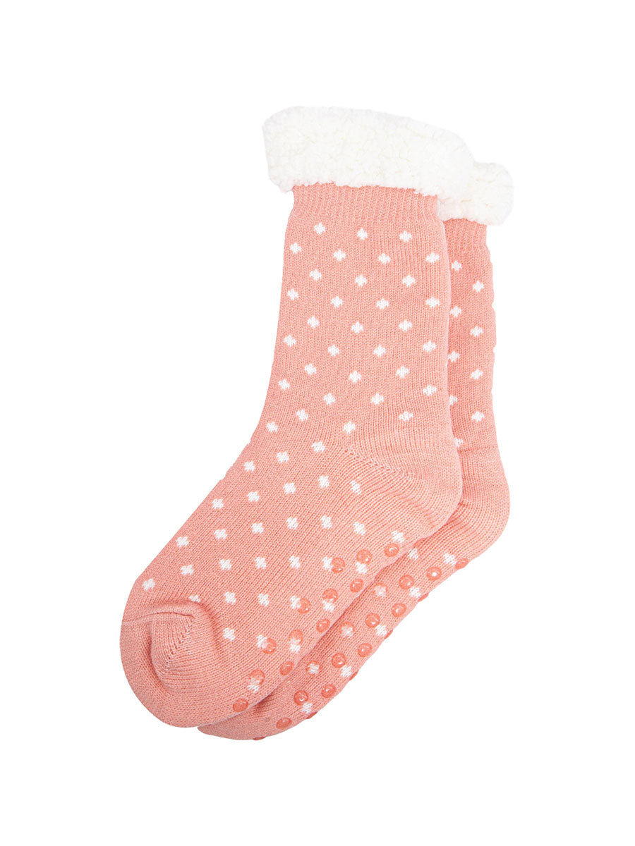 womens-long-slipper-socks-pink-spot-laying-flat-grip-soles
