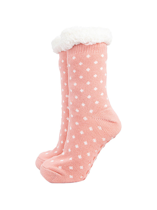 womens-long-slipper-socks-pink-spot-warm-fleecy
