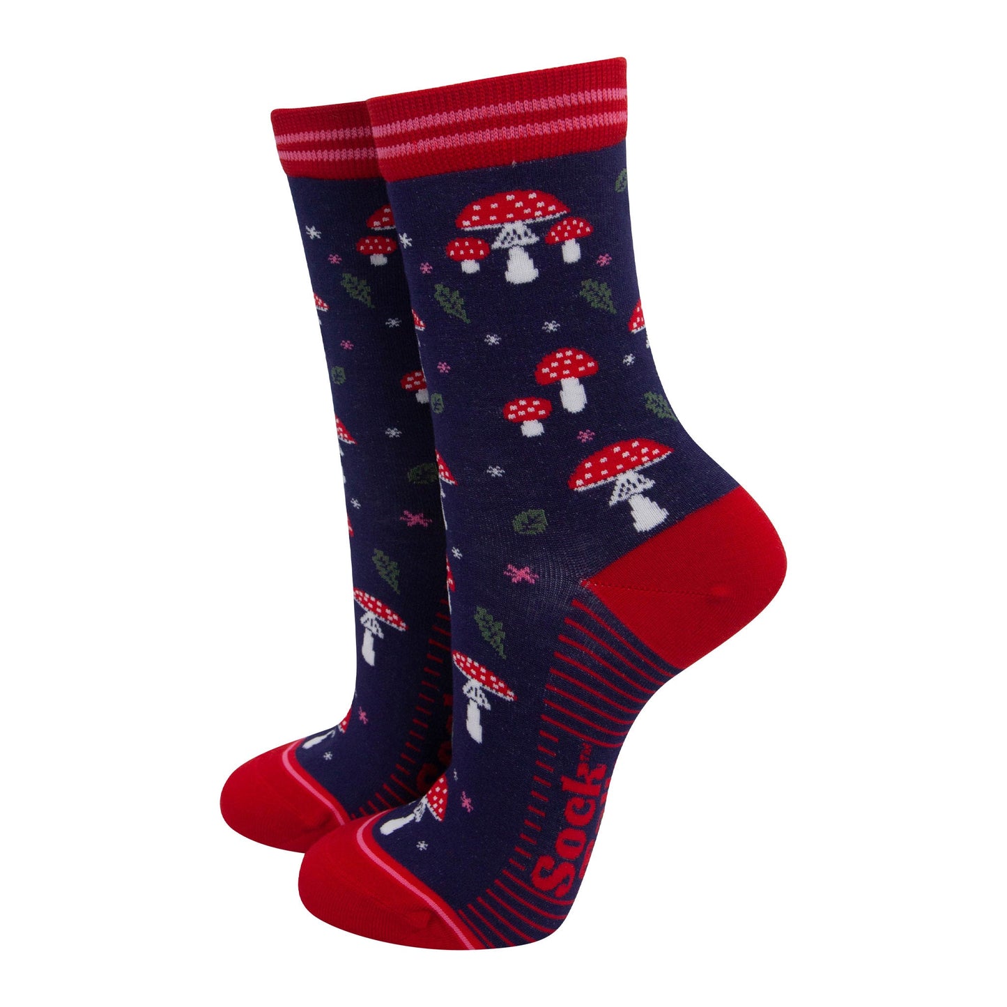womens-bamboo-socks-navy-blue-red-toadstools-woodlands