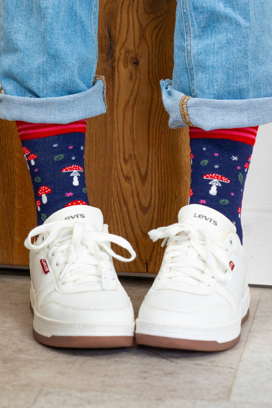 Women's Bamboo Socks - Navy Blue/Red, Toadstools