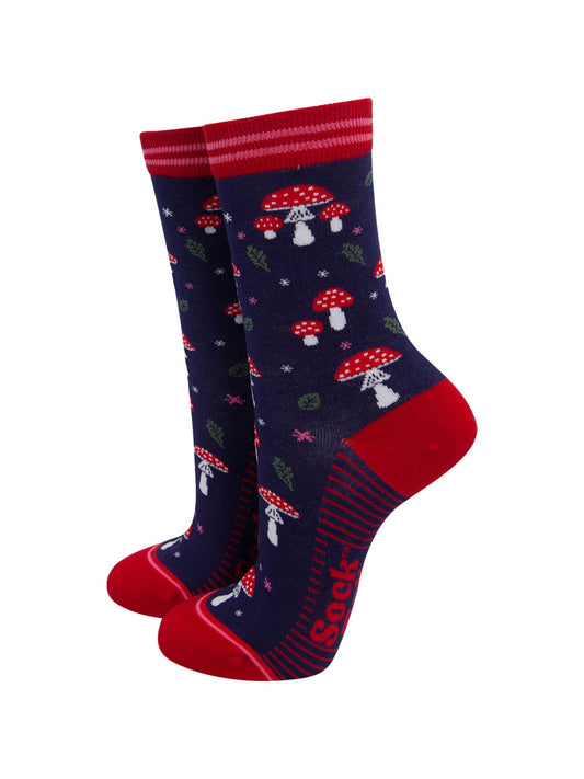 womens-bamboo-socks-navy-blue-red-toadstools-woodlands