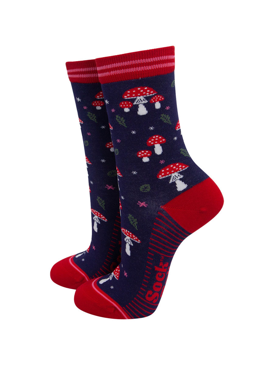 womens-bamboo-socks-navy-blue-red-toadstools-woodlands