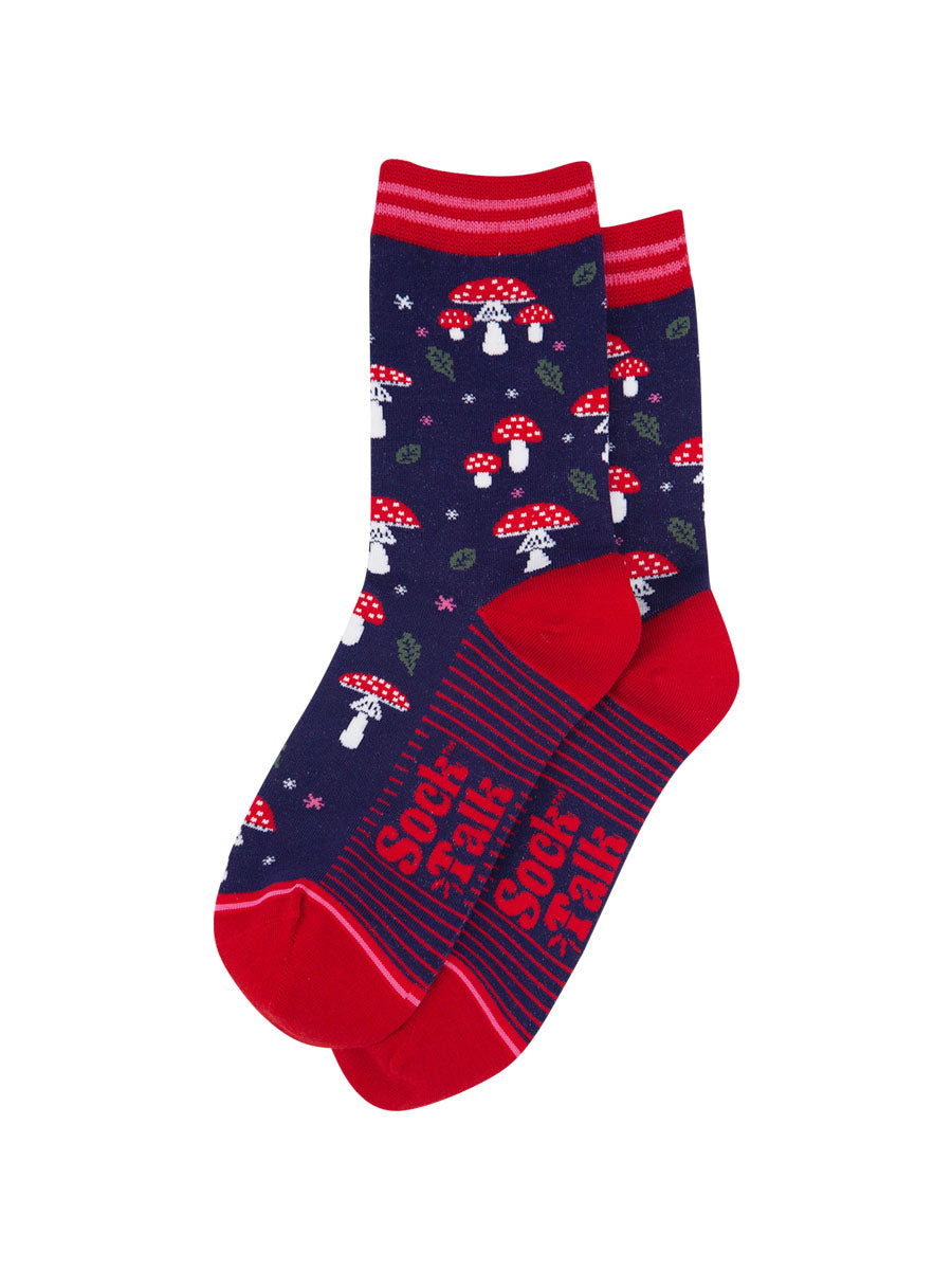 womens-bamboo-socks-navy-blue-red-toadstools-laying-flat