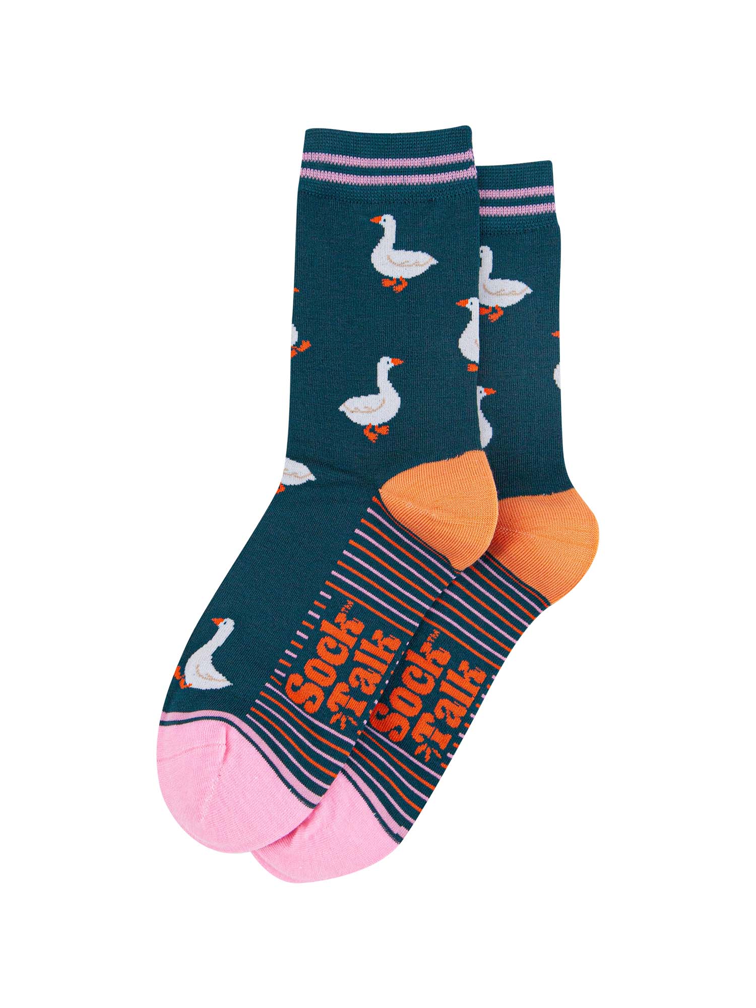 womens-bamboo-socks-forest-green-pink-silly-goose-laying-flat
