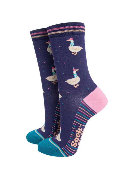 womens-bamboo-socks-navy-blue-teal-silly-goose-party-fun