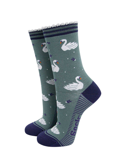 womens-bamboo-socks-sage-green-navy-blue-swans-birds