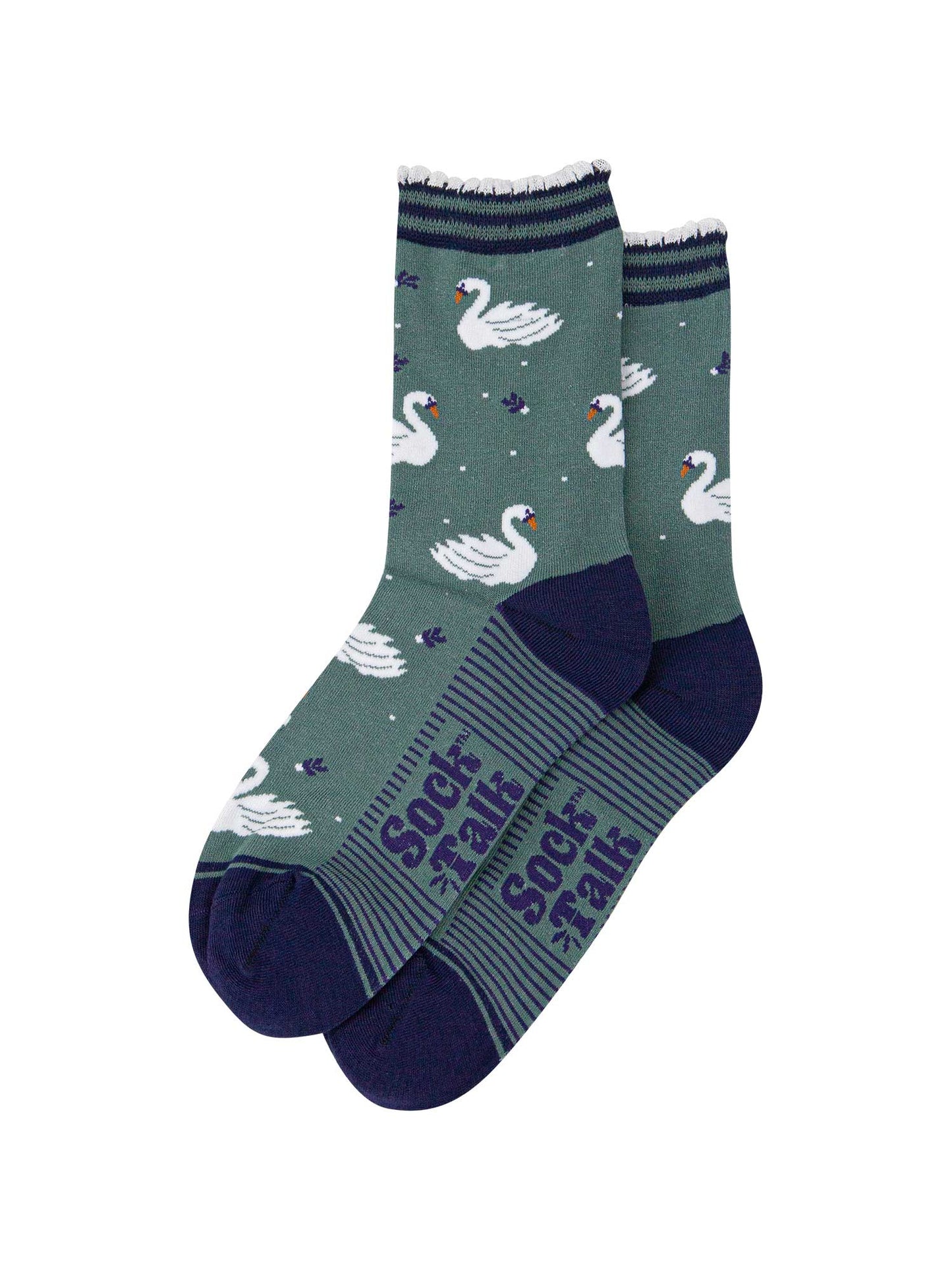 womens-bamboo-socks-sage-green-navy-blue-swans-laying-flat