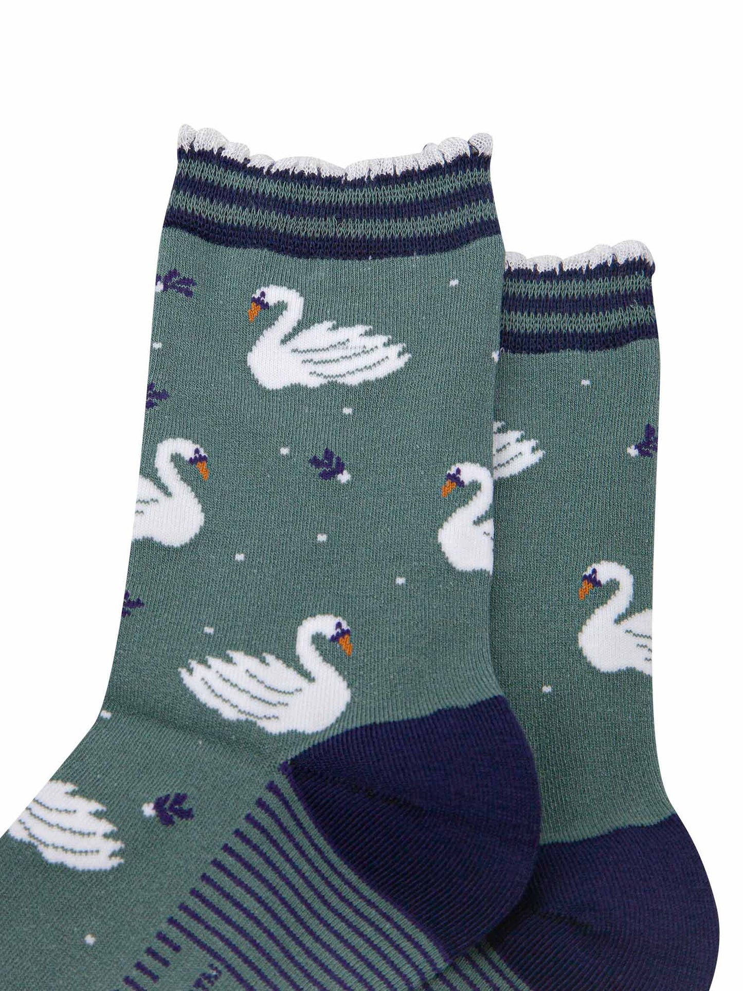 womens-bamboo-socks-sage-green-navy-blue-swans-close-up