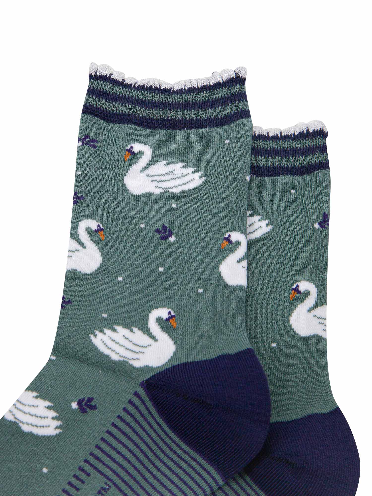 womens-bamboo-socks-sage-green-navy-blue-swans-close-up