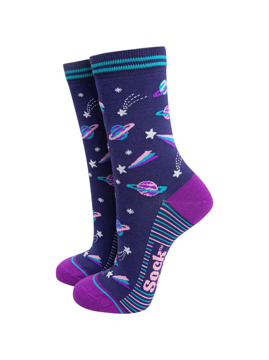 womens-bamboo-socks-navy-blue-purple-outer-space-planets-stars