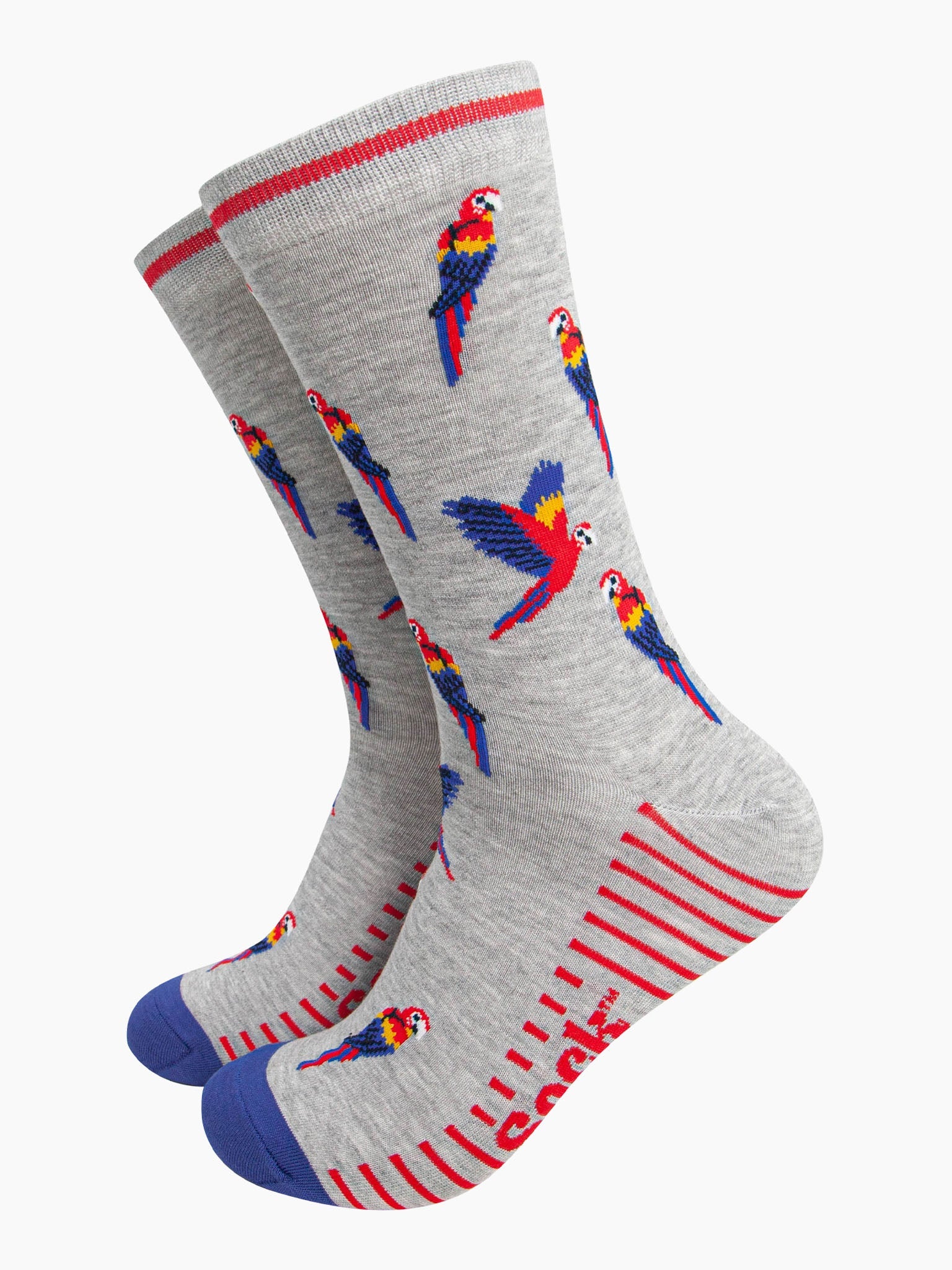 mens-bamboo-socks-grey-macaw-parrot-colourful-flying-birds