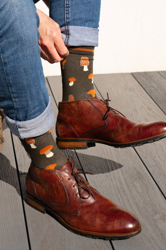 mens-bamboo-socks-khaki-mushroom-foraging-with-brown-loafer