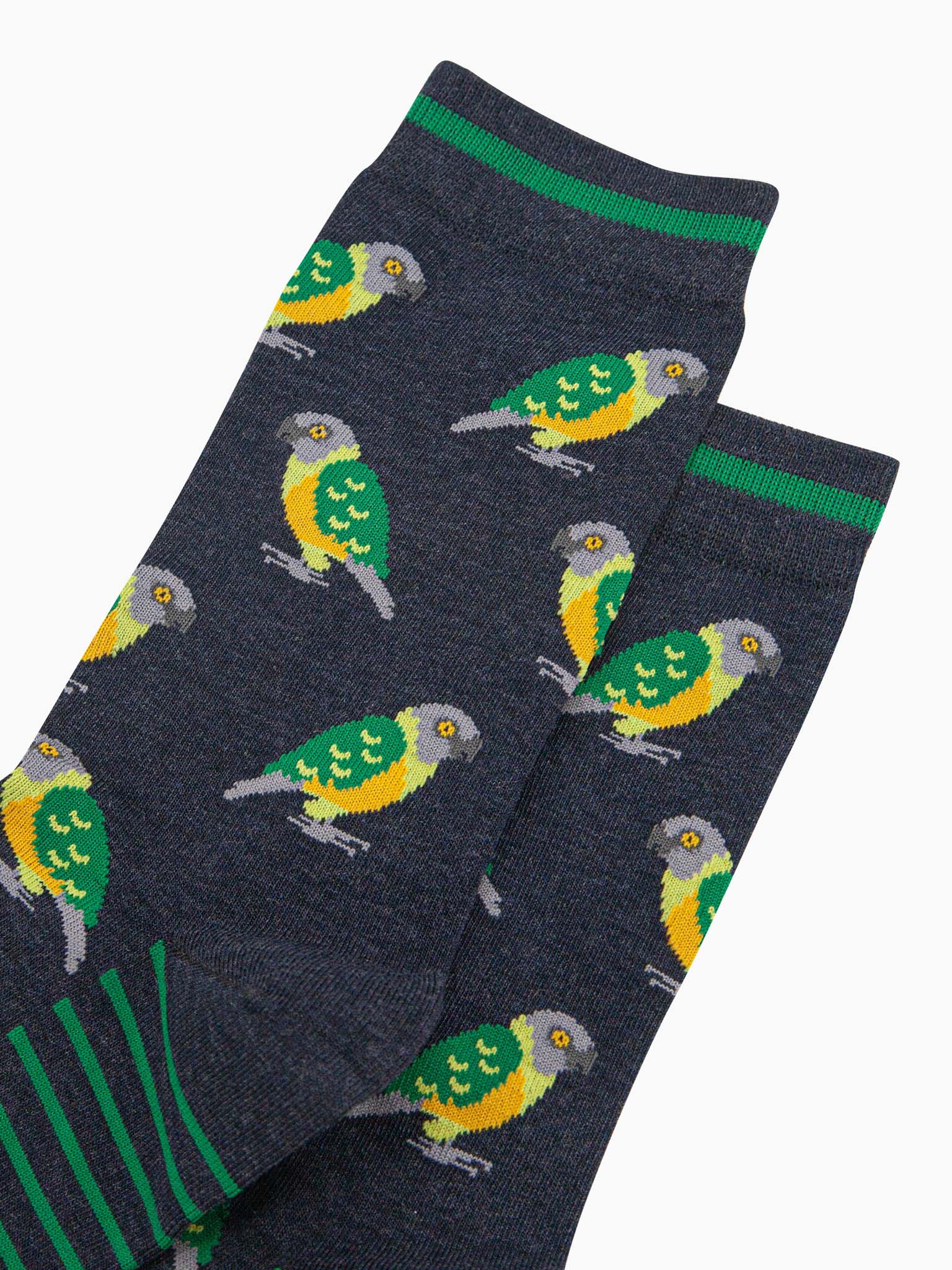 mens-bamboo-socks-navy-senegal-parrot-close-up-birds-are-green-yellow-grey-curved-beaks