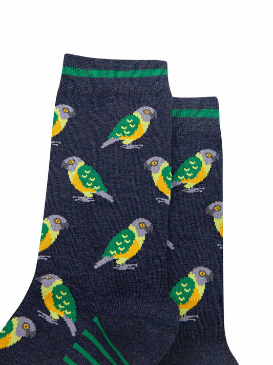 mens-bamboo-socks-navy-senegal-parrot-close-up-birds-are-green-yellow-grey-curved-beaks