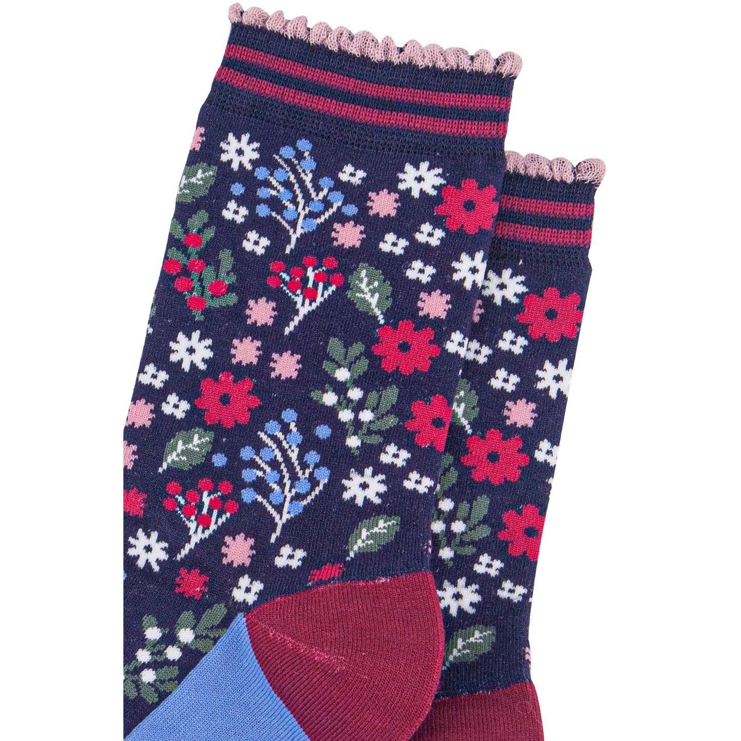 womens-bamboo-socks-navy-blue-winter-floral-close-up