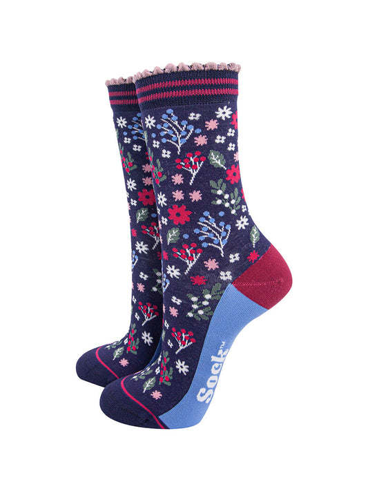 womens-bamboo-socks-navy-blue-winter-floral-gardens