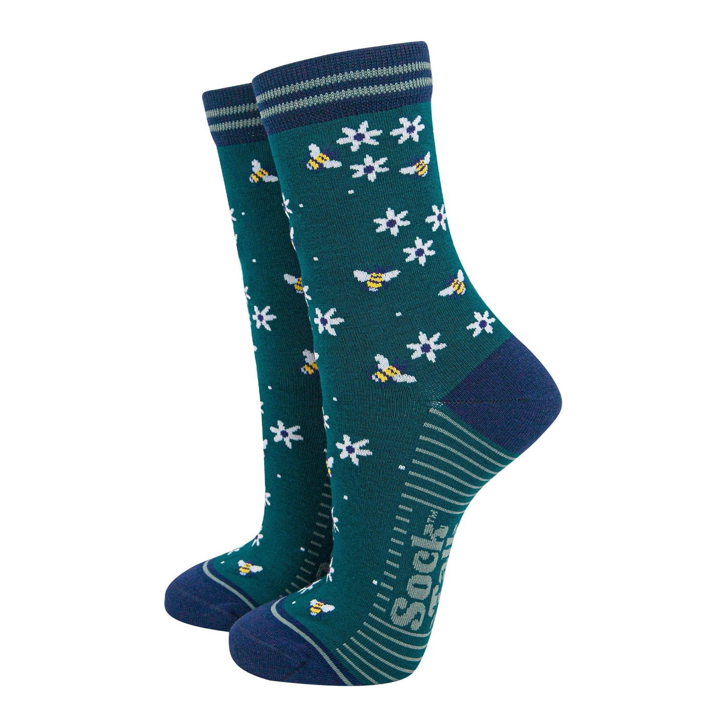 womens-bamboo-socks-forest-green-navy-blue-bee-and-flowers-bumblebees
