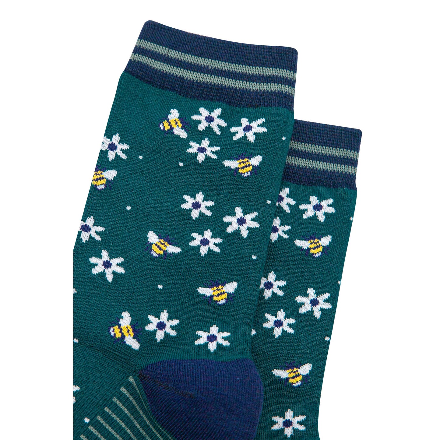 womens-bamboo-socks-forest-green-navy-blue-bee-and-flowers-close-up