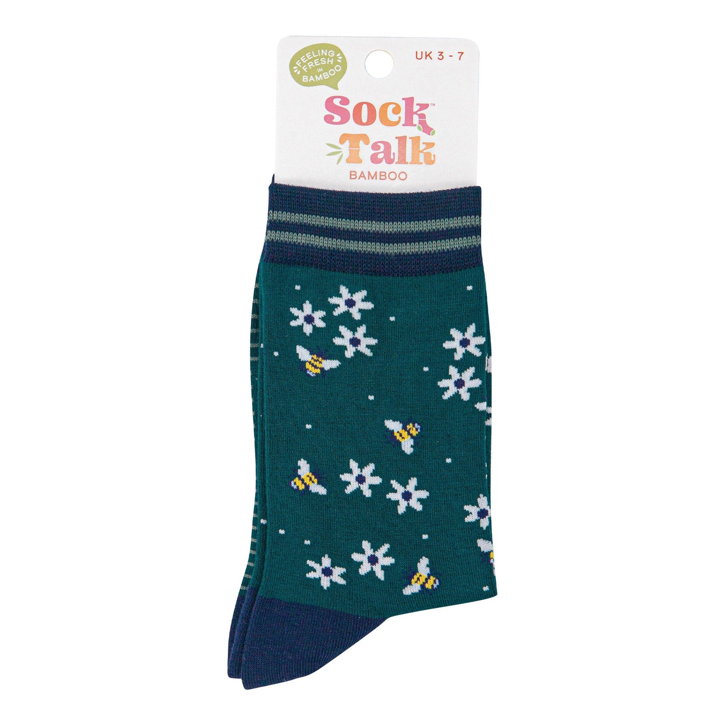 womens-bamboo-socks-forest-green-navy-blue-bee-and-flowers-in-sock-talk-packaging