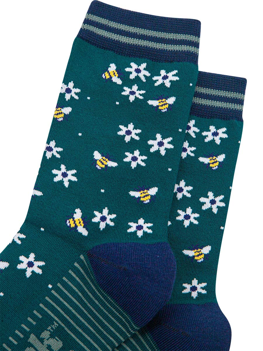 womens-bamboo-socks-forest-green-navy-blue-bee-and-flowers-close-up