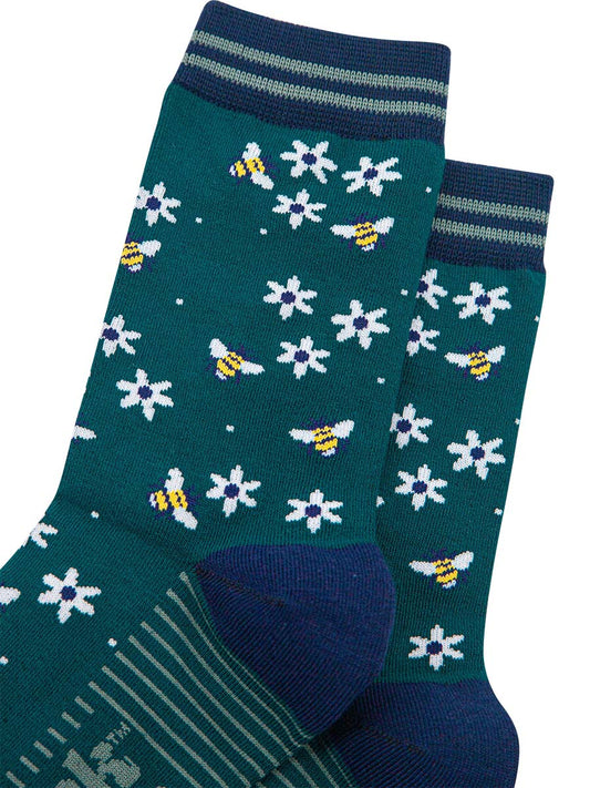 womens-bamboo-socks-forest-green-navy-blue-bee-and-flowers-close-up