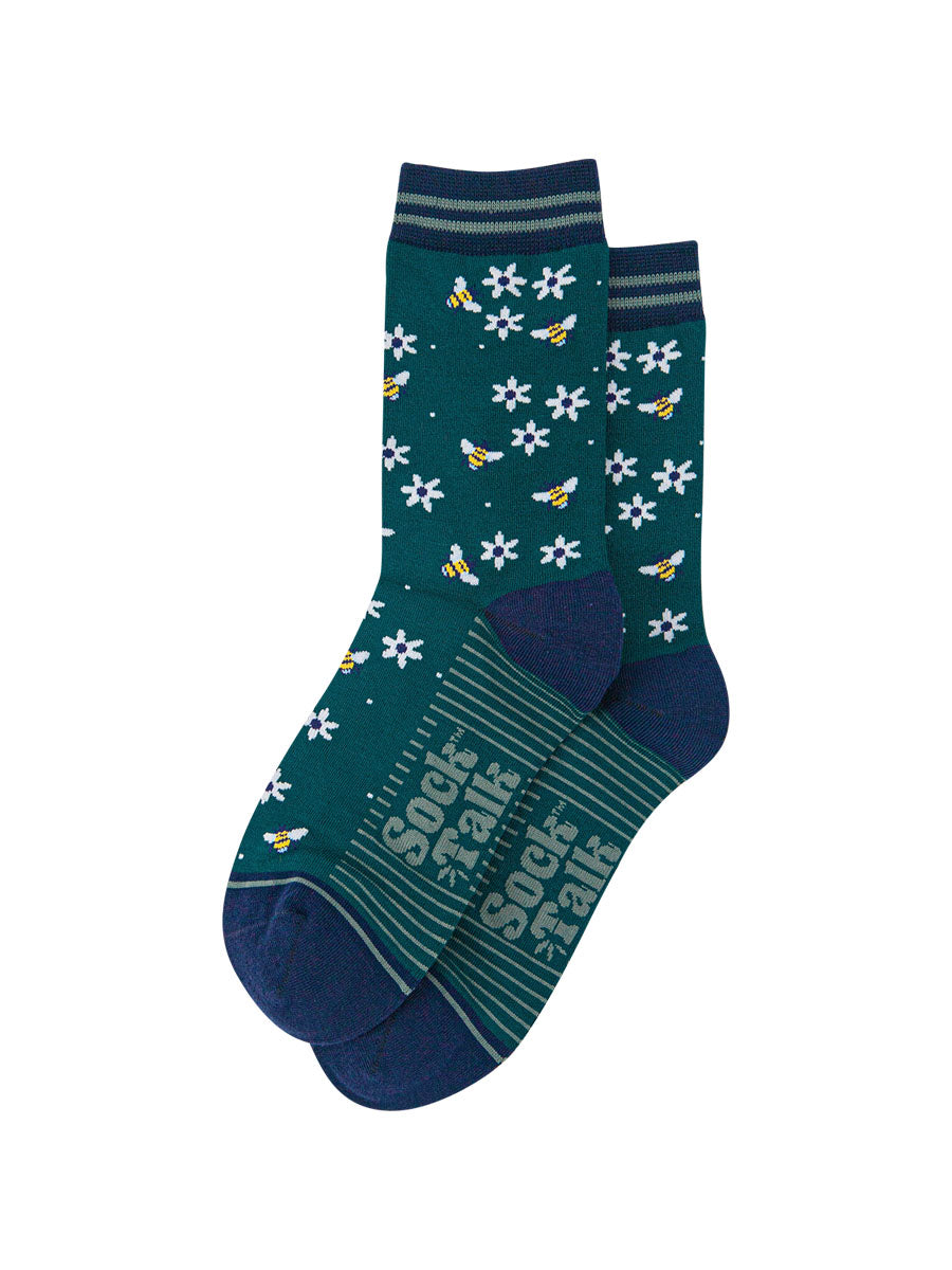 womens-bamboo-socks-forest-green-navy-blue-bee-and-flowers-laying-flat