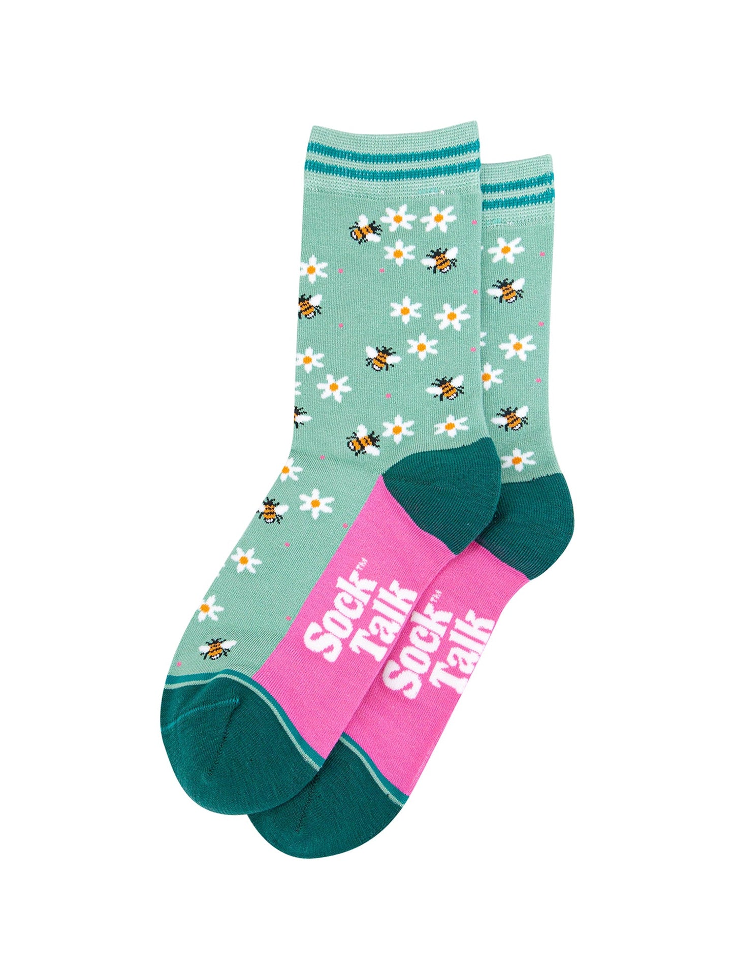 Busy-Bees-Floral-Bamboo-Socks-in-Green-Laid-Flat