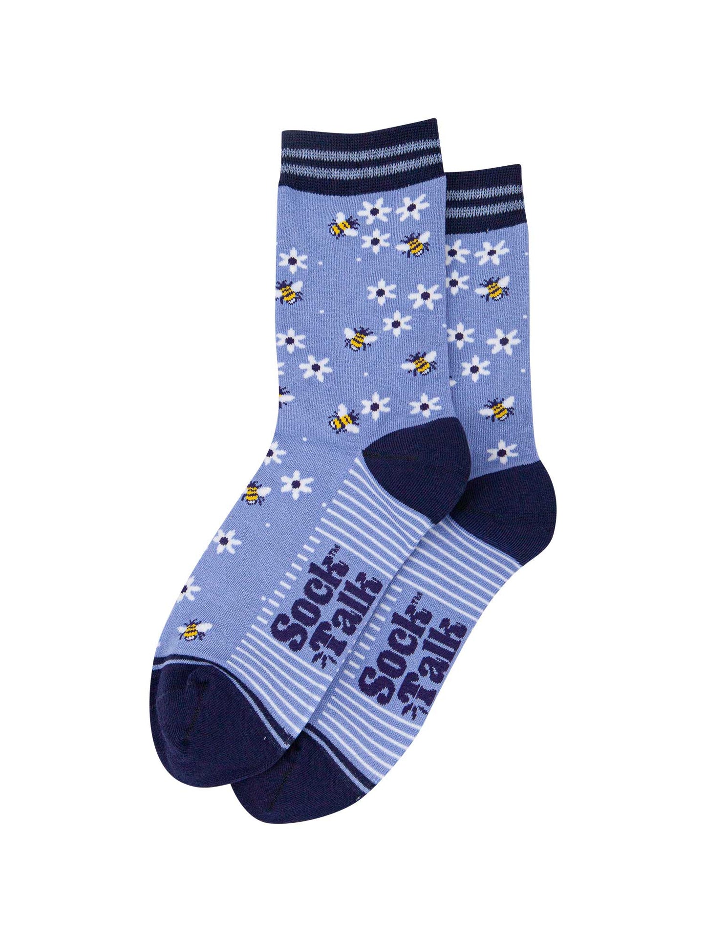 womens-bamboo-socks-sky-blue-navy-blue-bee-and-flowers-laying-flat