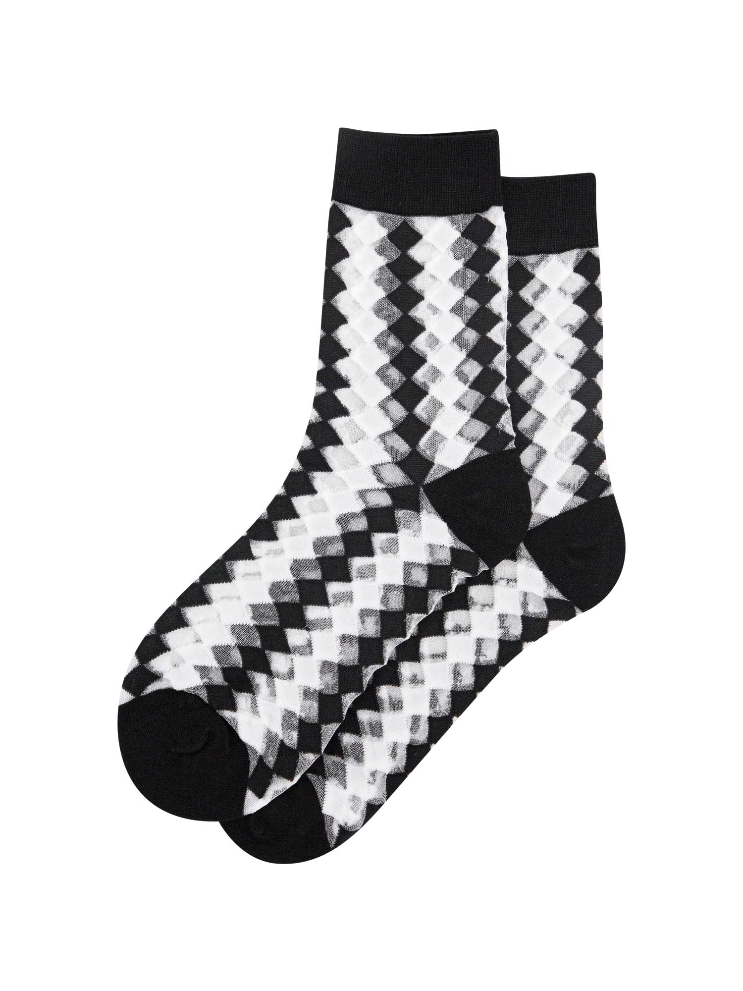 womens-sheer-ankle-socks-black-white-diamond-laying-flat-see-through