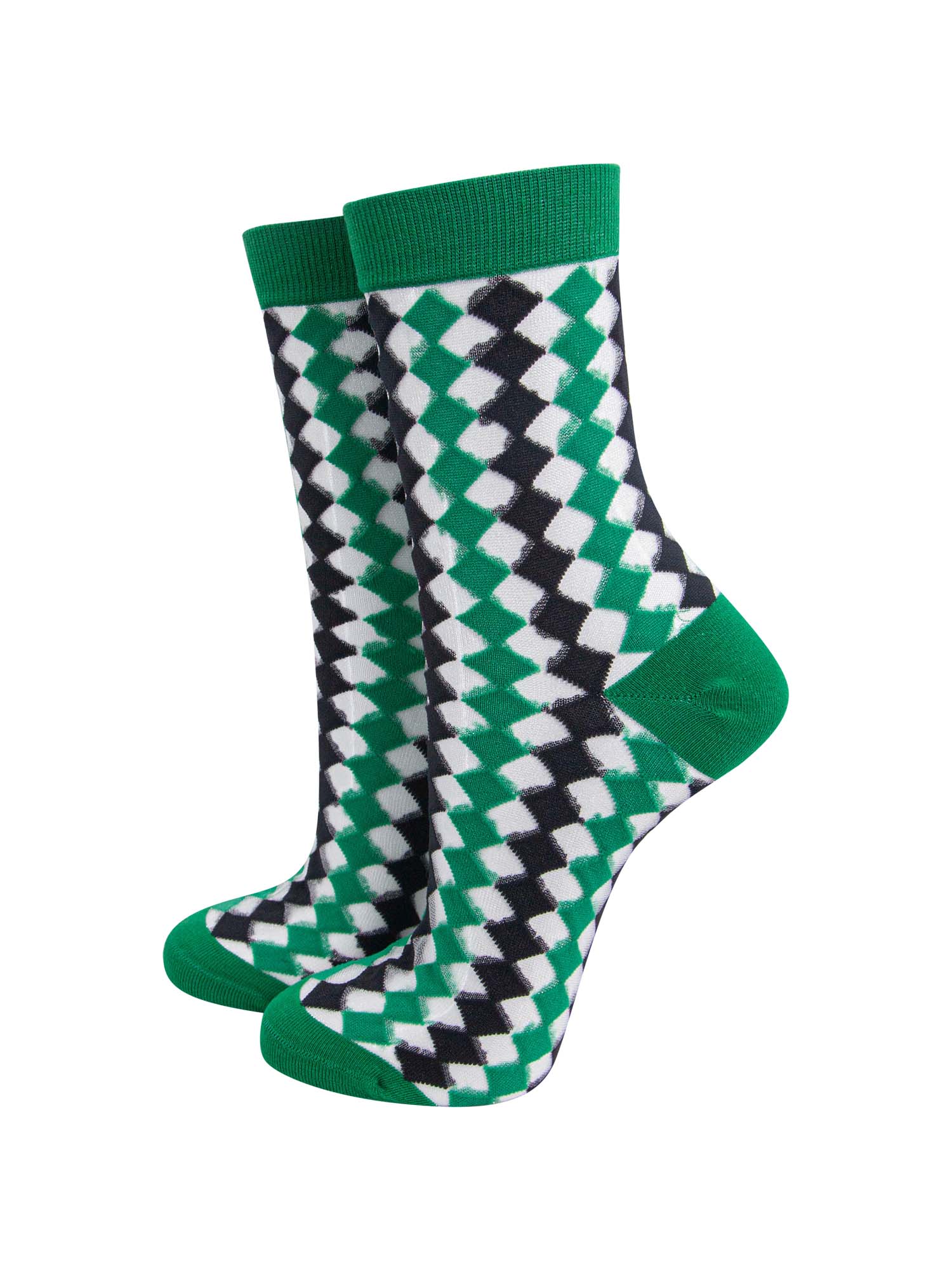 womens-sheer-ankle-socks-green-black-diamond-pattern