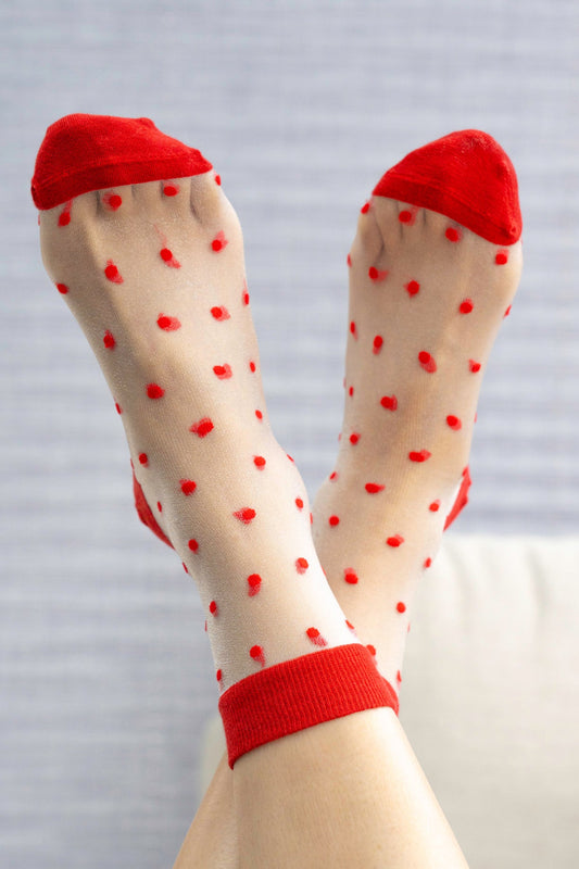 Women's Sheer Ankle Socks- Red, Spots