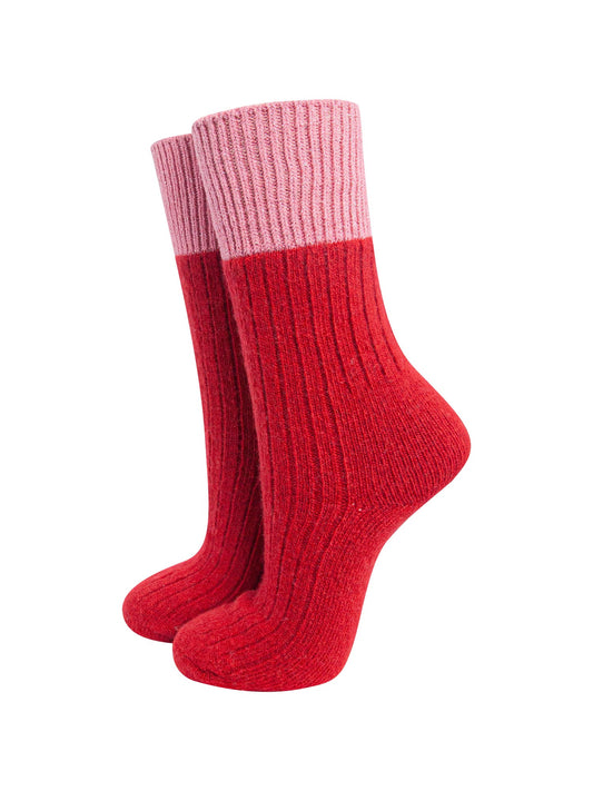 womens-mid-calf-socks-red-pink-colour-block-thick-wool-blend