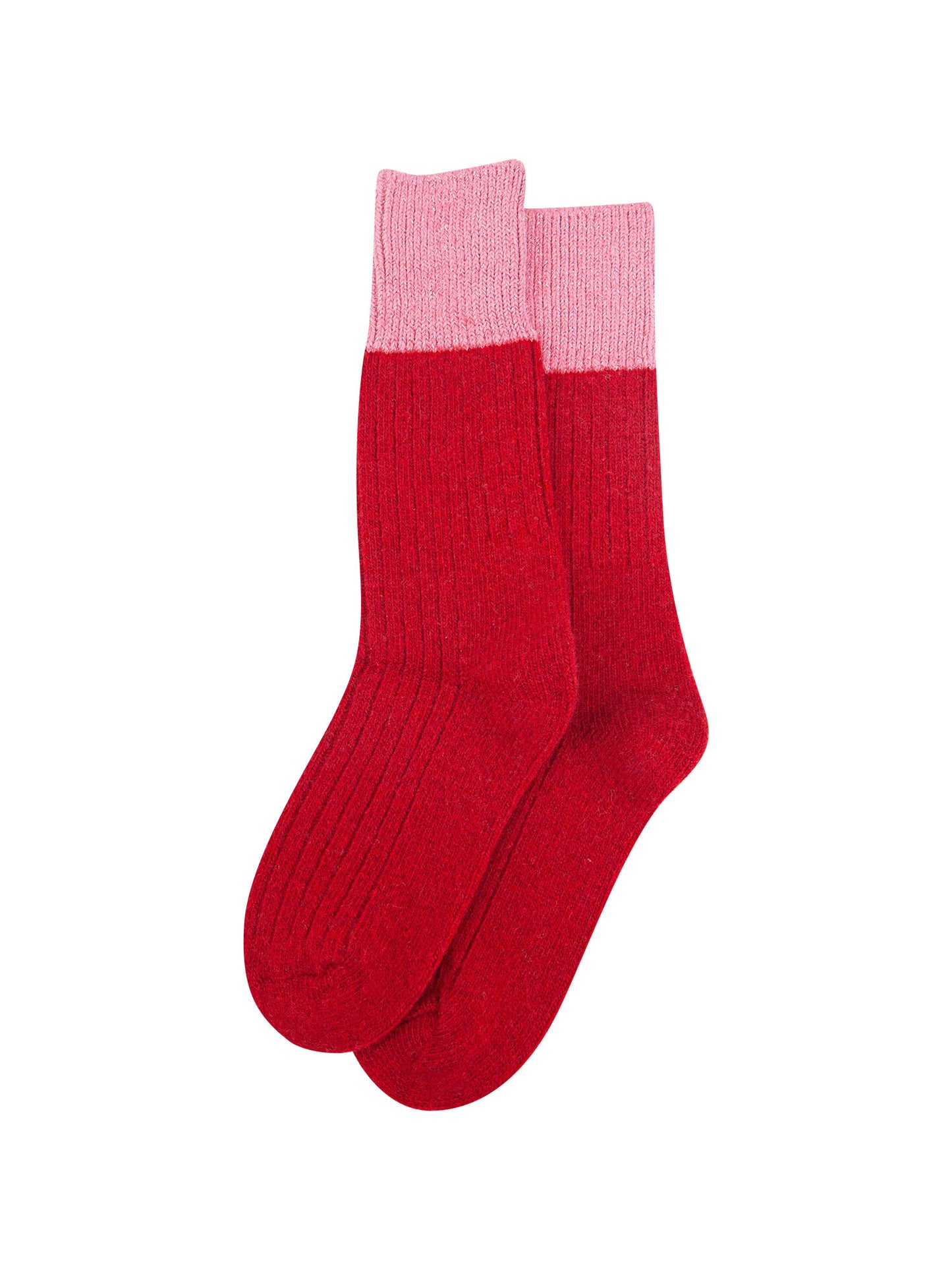 womens-mid-calf-socks-red-pink-colour-block-laying-flat