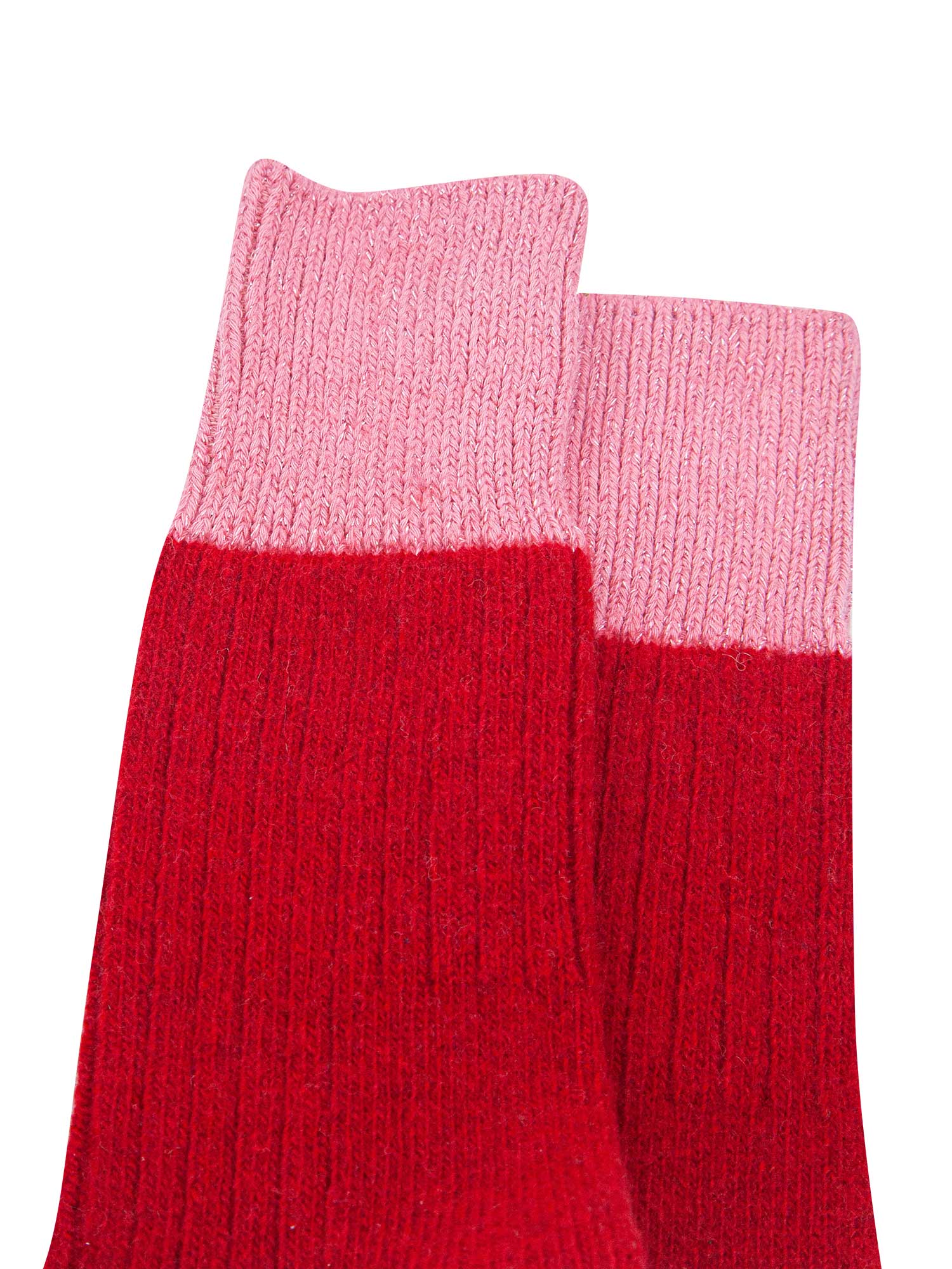 womens-mid-calf-socks-red-pink-colour-block-close-up-glitter-cuffs