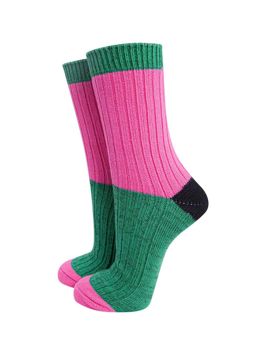 womens-mid-calf-socks-pink-green-colour-block-subtle-glitter-cuff