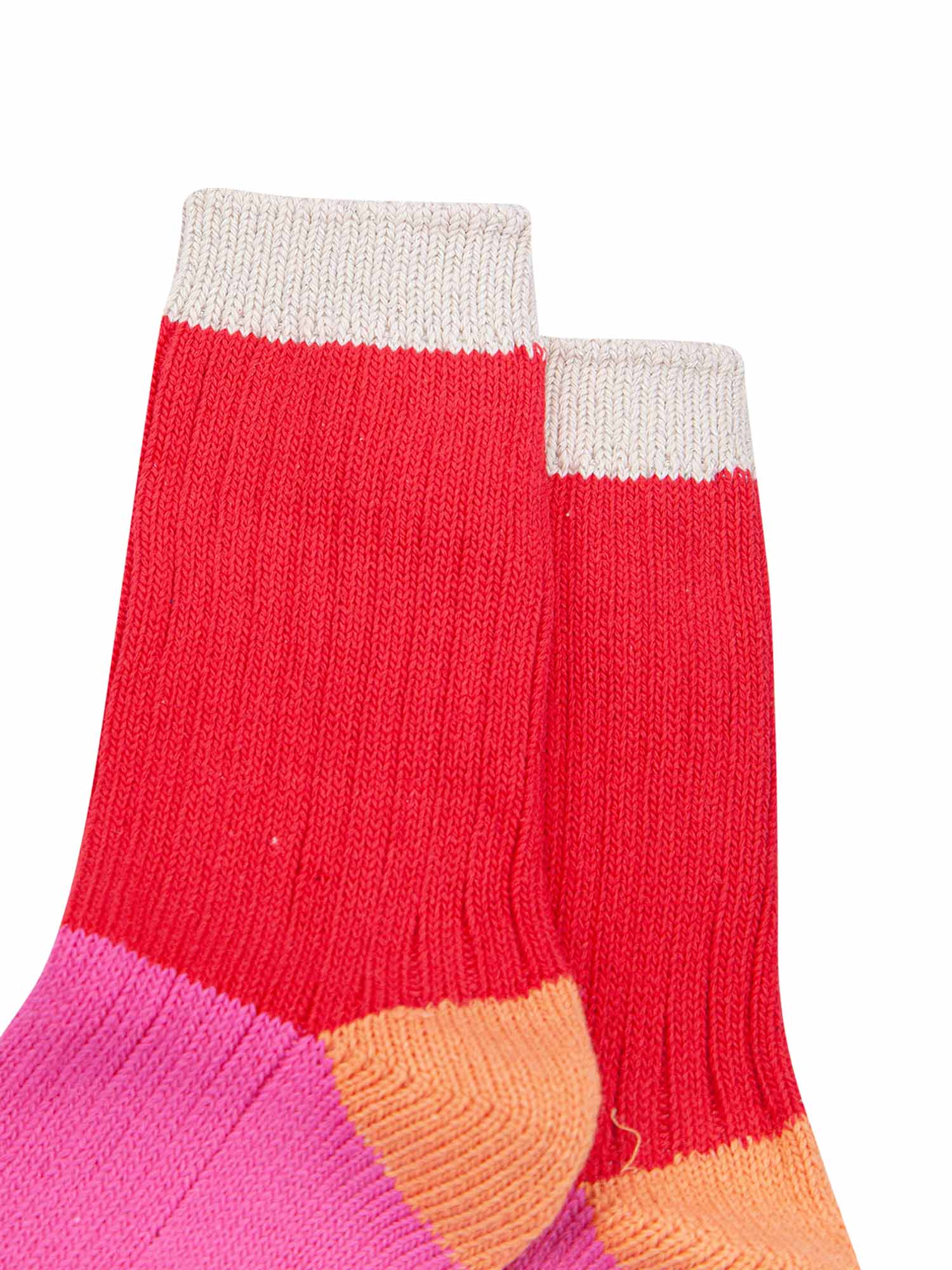 womens-mid-calf-socks-red-pink-colour-block-1-close-up-thick-ribbed-material