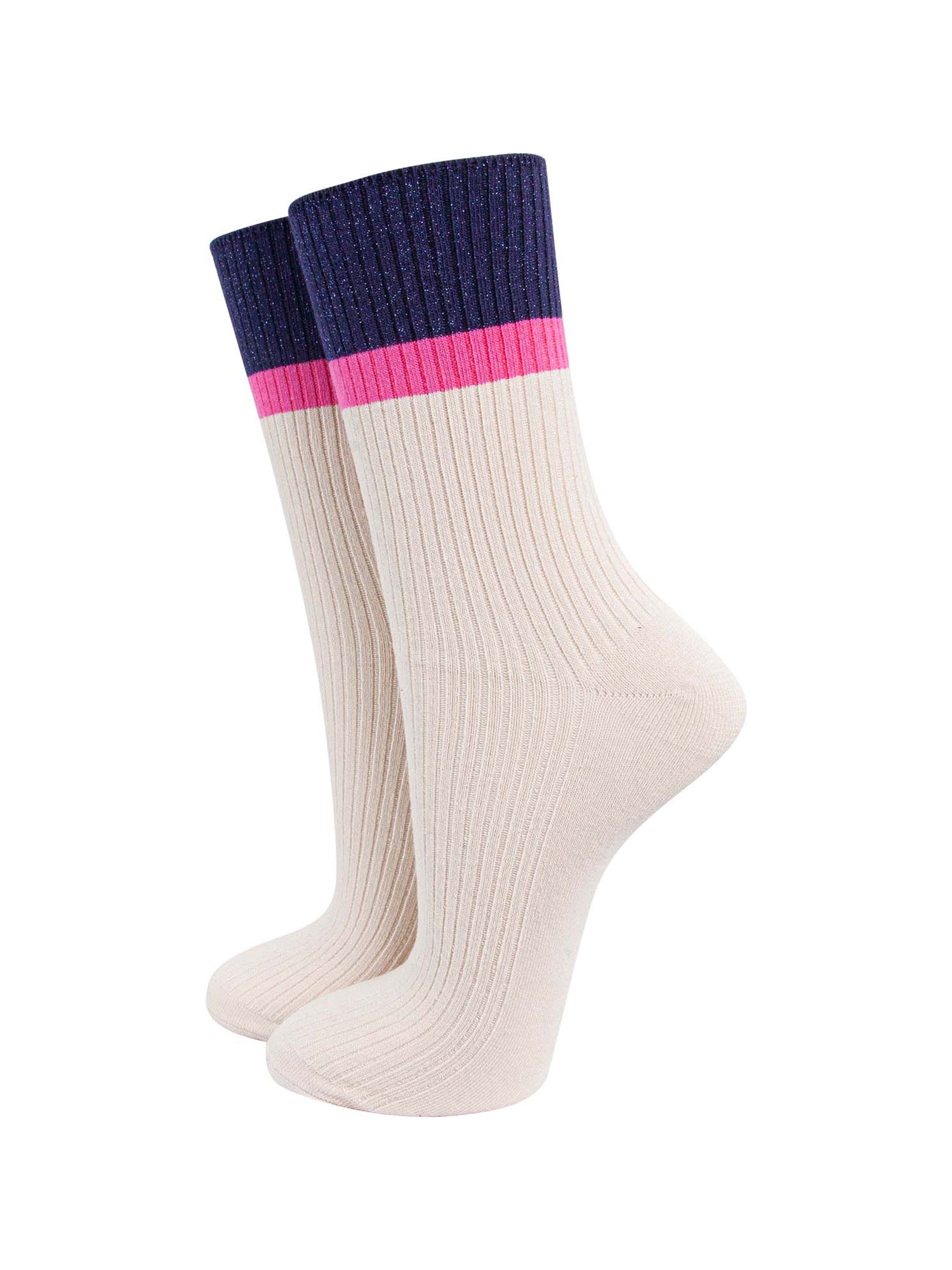 womens-mid-calf-socks-cream-navy-blue-contrast-cuff-thick-ribbed-cotton