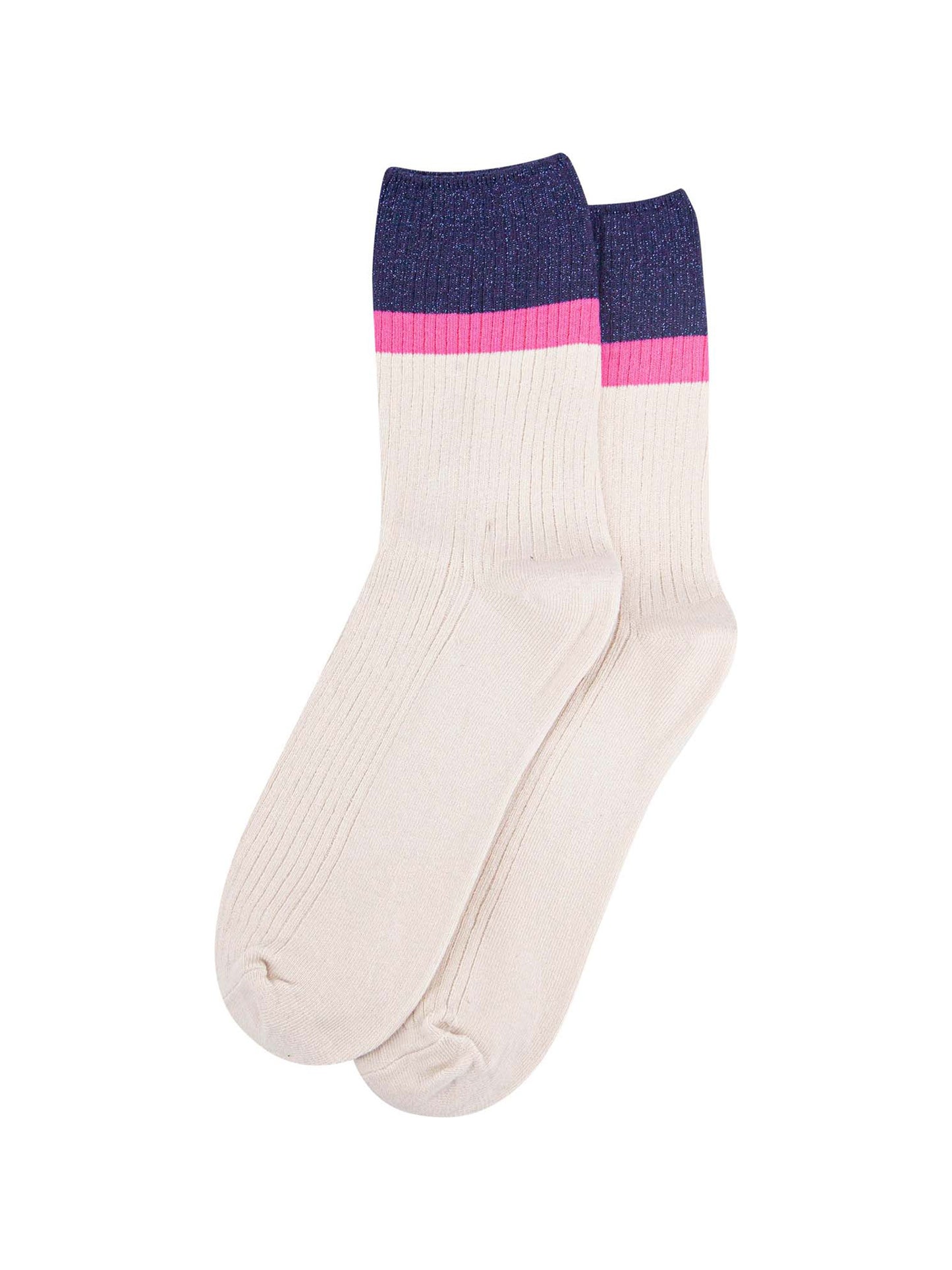 womens-mid-calf-socks-cream-navy-blue-contrast-cuff-laying-flat